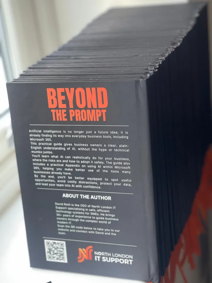 The back cover of Beyond the Prompt, showing a short description of the book and the author