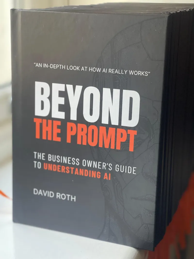 A printed hardback copy of Beyond the Prompt standing upright